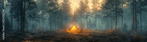 A lone tent sits in a clearing in the middle of a misty forest. The light from a fire inside the tent casts a warm glow on the surrounding trees. photo