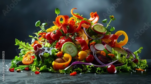 A vibrant bowl of mixed salad with fresh vegetables  including tomatoes  peppers  and cucumbers  on a dark background.