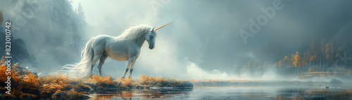 A majestic white unicorn stands on the edge of a tranquil lake  surrounded by a lush forest