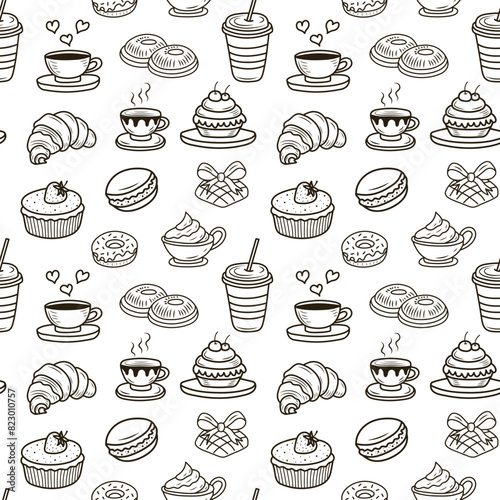 Doodle bakery coffee seamless pattern. Hand drawn cupcake, coffee cups, cookies for wrapping paper, package print, cafeteria and shop wallpapers.