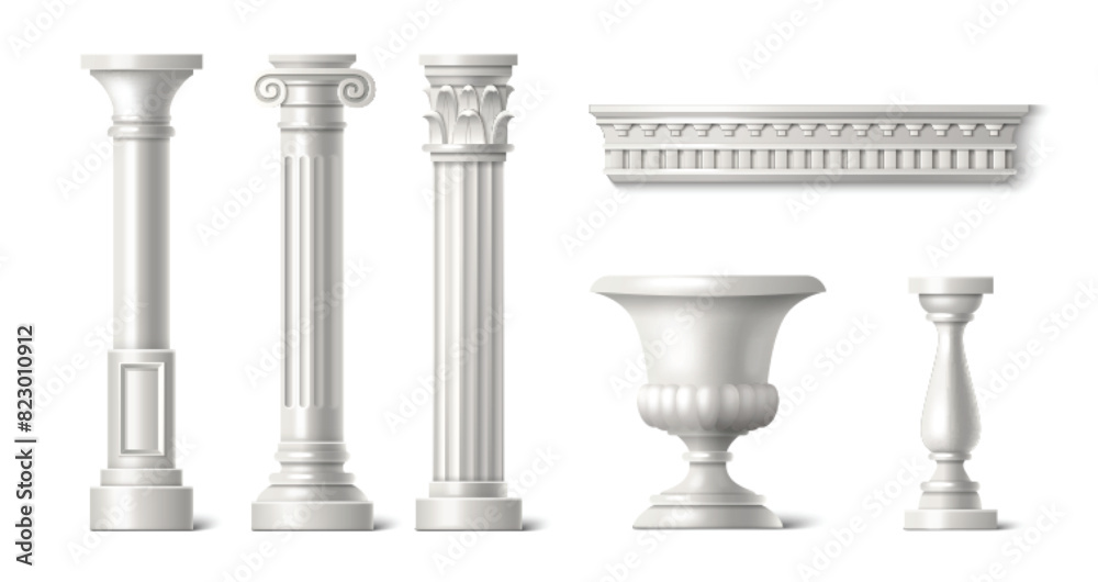 3d roman column. White greek marble pillar vector. Rome temple architecture isolated realistic sculpture art design. Doric colonnade and ornate baluster render decoration. Baroque italian pilar 3d roman column. White greek marble pillar vector. Rome temple architecture isolated realistic sculpture art design. Doric colonnade and ornate baluster render decoration. Baroque italian pilar
