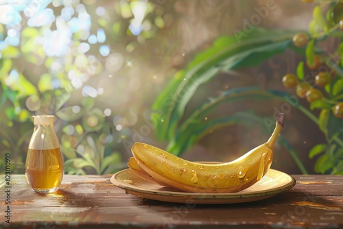 Ripe banana on a rustic plate with honey jar in sun-dappled outdoor setting, highlighting natural freshness and simplicity.