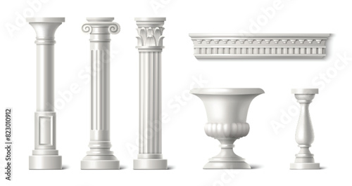 3d roman column. White greek marble pillar vector. Rome temple architecture isolated realistic sculpture art design. Doric colonnade and ornate baluster render decoration. Baroque italian pilar