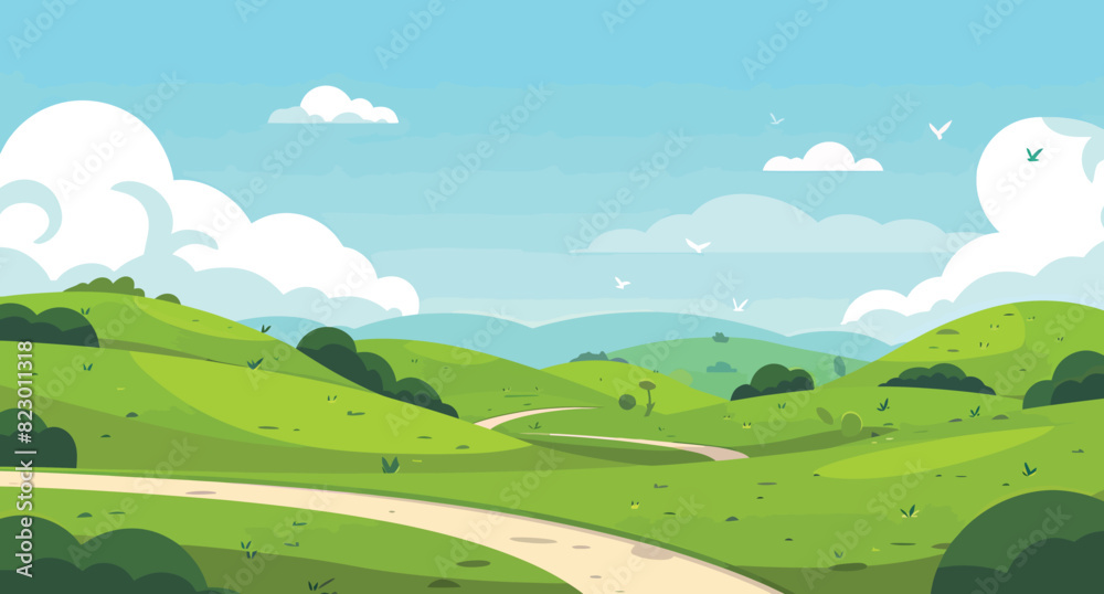 a cartoon landscape with a road going through the green hills