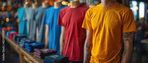 Brightly colored promotional merchandise t-shirts displayed by people in the office. Emphasis on variety and quality of programs