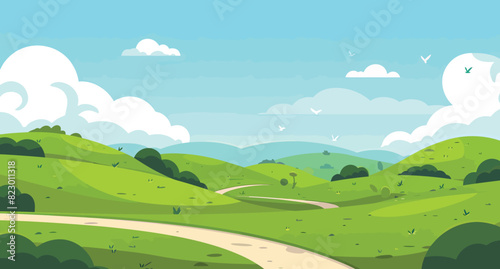 a cartoon landscape with a road going through the green hills