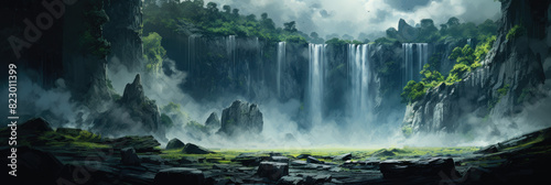 Jungle, waterfall. Panoramic view. Digital art.