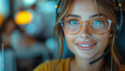 Closeup of a beautiful girl in glasses and wearing headphones. Created with Ai