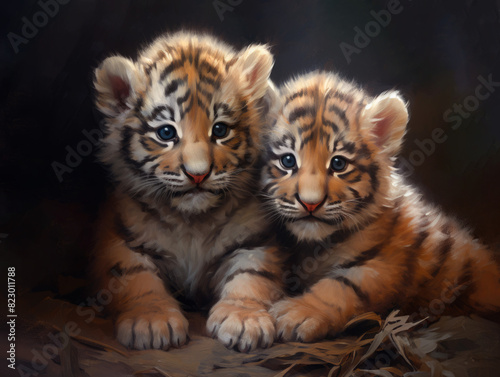 Two tiger cubs. Digital art.