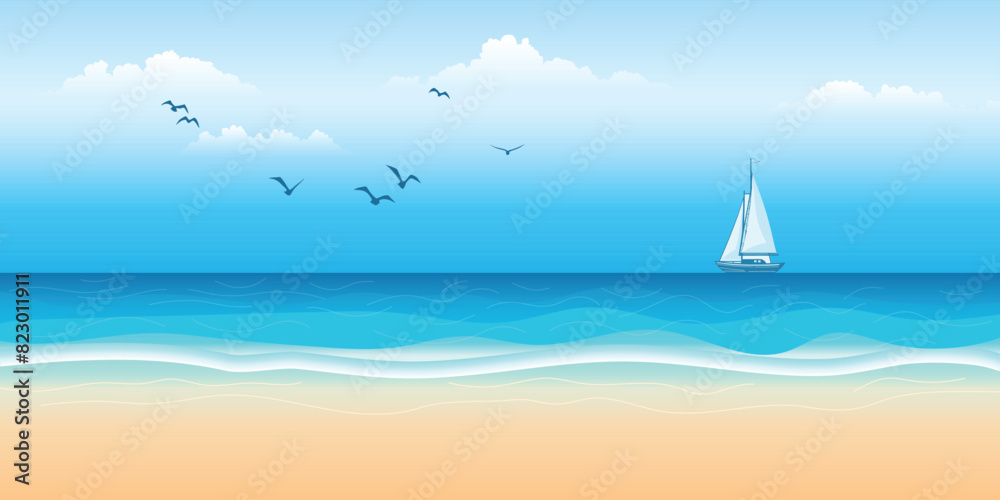 Naklejka premium Seascape with sailing yacht, picturesque sky, summer vacation, vector cartoon