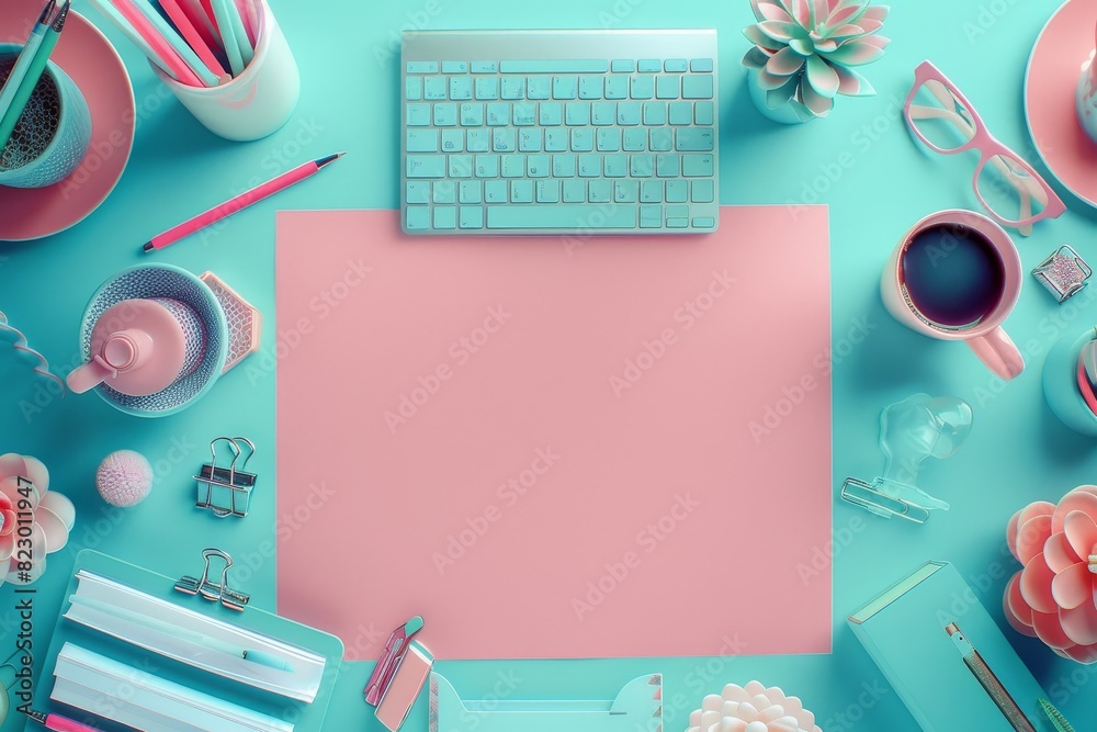 Desk with various stationery items, overhead shot, isolated pink background