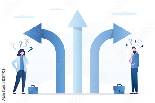 Business people with solving and decisions. Choice right way concept. Employees before choice. Workers and arrows point in different directions. Сareer path.
