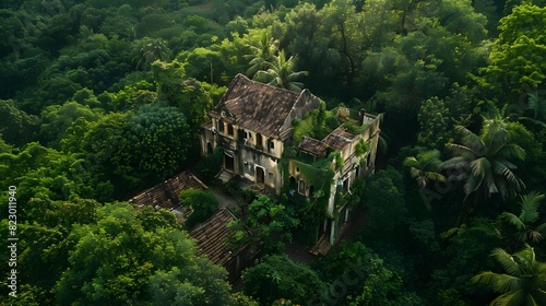 A timeless Indian mansion nestled within a dense forest, its weathered stone walls and lush greenery merging seamlessly, as if the house itself is a part of the landscape, untouched by time.