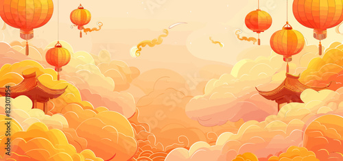 a painting of chinese lanterns flying in the sky photo