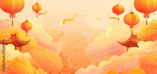 a painting of chinese lanterns flying in the sky