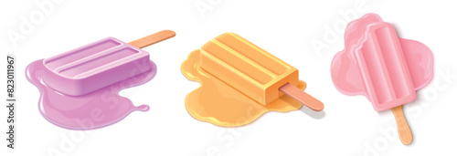 Melting ice cream set isolated on white background. Vector realistic illustration of sweet purple, yellow, pink fruit or vanilla dessert on wooden stick, restaurant menu, food shop design elements photo