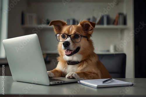 Cute dog sitting at his desk using a laptop and typing 