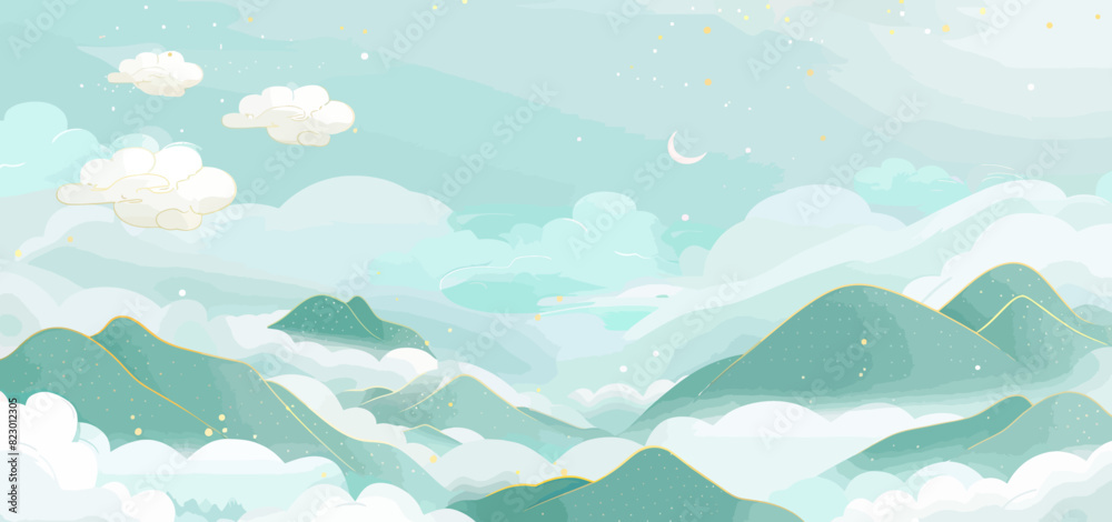 a painting of a mountain landscape with clouds and stars a painting of a mountain landscape with clouds and stars
