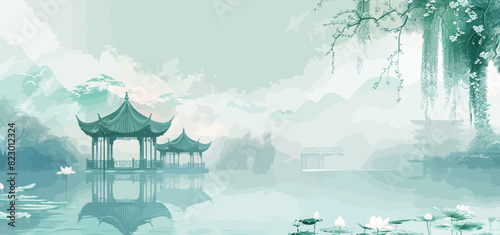 a painting of a lake with a pavilion in the middle of it