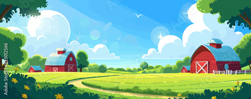 a painting of a farm scene with a red barn