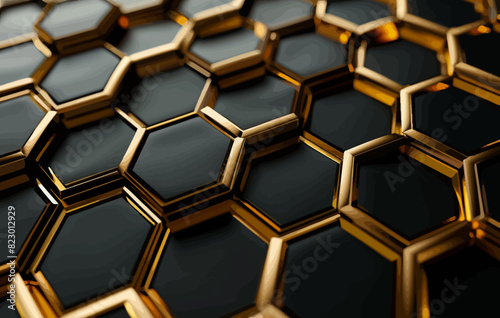 a close up of a black and gold hexagonal pattern