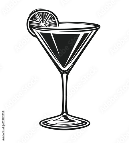 a black and white drawing of a martini glass