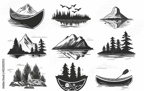 a set of black and white illustrations of mountains, trees, and canoes