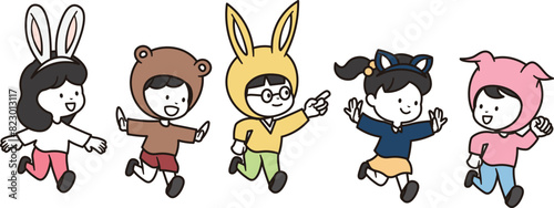 動物の仮装をして元気よく楽しく追いかけている男の子と女の子のイラスト素材