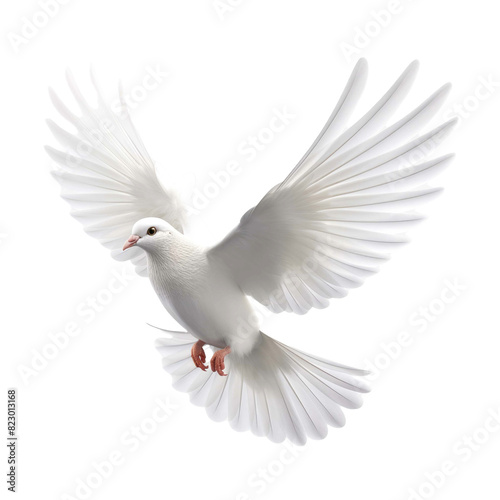Free flying white dove isolated on white background. 