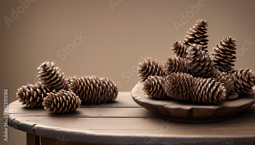 a group of pine cones sitting on top of a wooden table covered in lots of different types of pine cones on top of each one of the cones are brown. photo