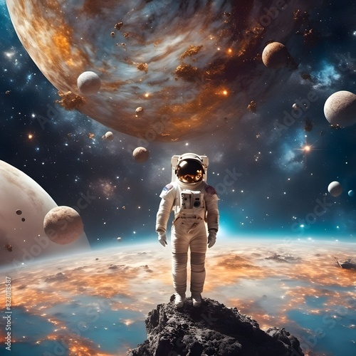 AI generated illustration of an astronaut standing on rock in front of moon