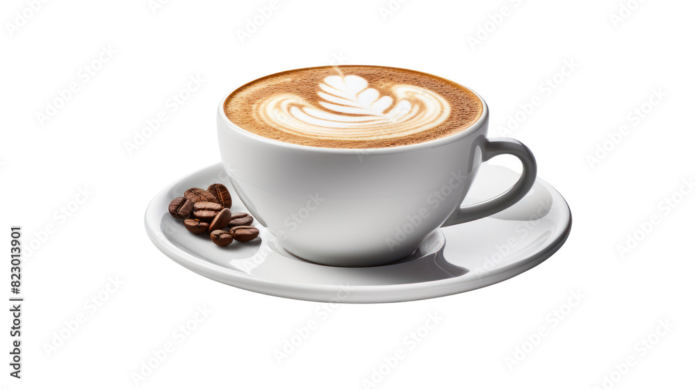 White cup filled with a frothy coffee drink, possibly a cappuccino or latte, isolated on a white background White cup filled with a frothy coffee drink, possibly a cappuccino or latte, isolated on a white background