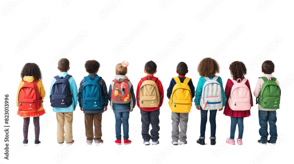group of kids with colorful backpacks isolated on transparent and white background.PNG image. group of kids with colorful backpacks isolated on transparent and white background.PNG image.