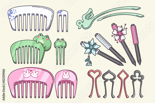 Hair clip accessory with flower. Head pin vector. Woman plastic comb equipment cartoon set. Girlish and feminine fancy grooming element for stylist with flog and bunny collection. Female beauty item