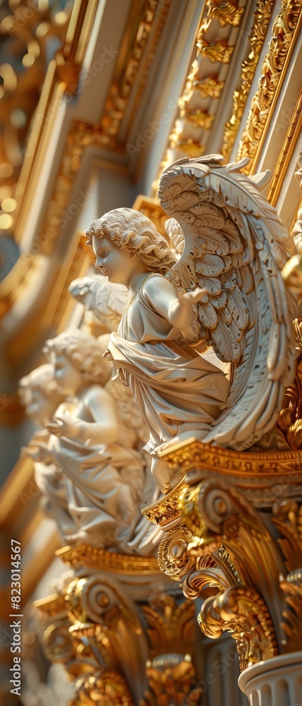 Fototapeta premium An exquisite, highly detailed, gold-plated sculpture of an angel playing the violin