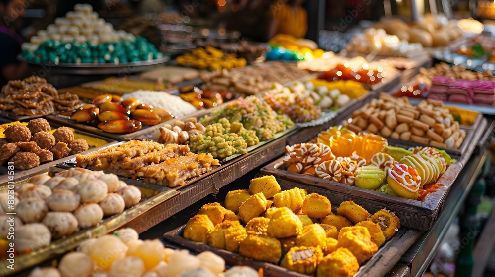 A vibrant display of regional sweets, from flaky jhalmuri to syrupy rasgullas, artfully arranged on intricately carved wooden trays 