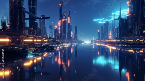 A futuristic cityscape at night with neon lights and towering skyscrapers, reflected in the smooth surface of a serene river. 32k, full ultra hd, high resolution