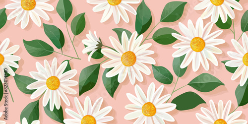 a bunch of white flowers with green leaves on a pink background