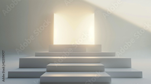 3D render of a stepped podium in a studio setting against a solid white background. The podium steps are arranged symmetrically with soft shadows and studio lighting highlighting the setup. 