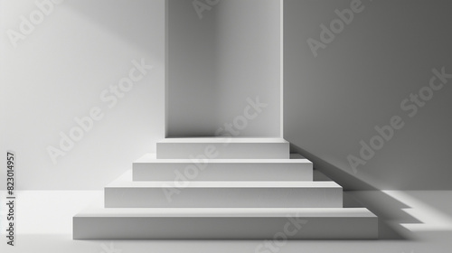 3D render of a stepped podium in a studio setting against a solid white background. The podium steps are arranged symmetrically with soft shadows and studio lighting highlighting the setup. 