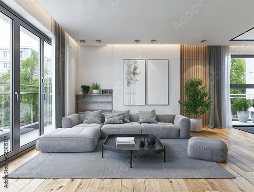 Modern grey sectional sofa in a spacious living room with large windows.