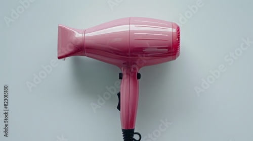 Hair dryer featuring ionic and tourmaline technology, top view, isolated white background, studio lighting showcasing details, ideal for advertising smoother, shinier hair photo