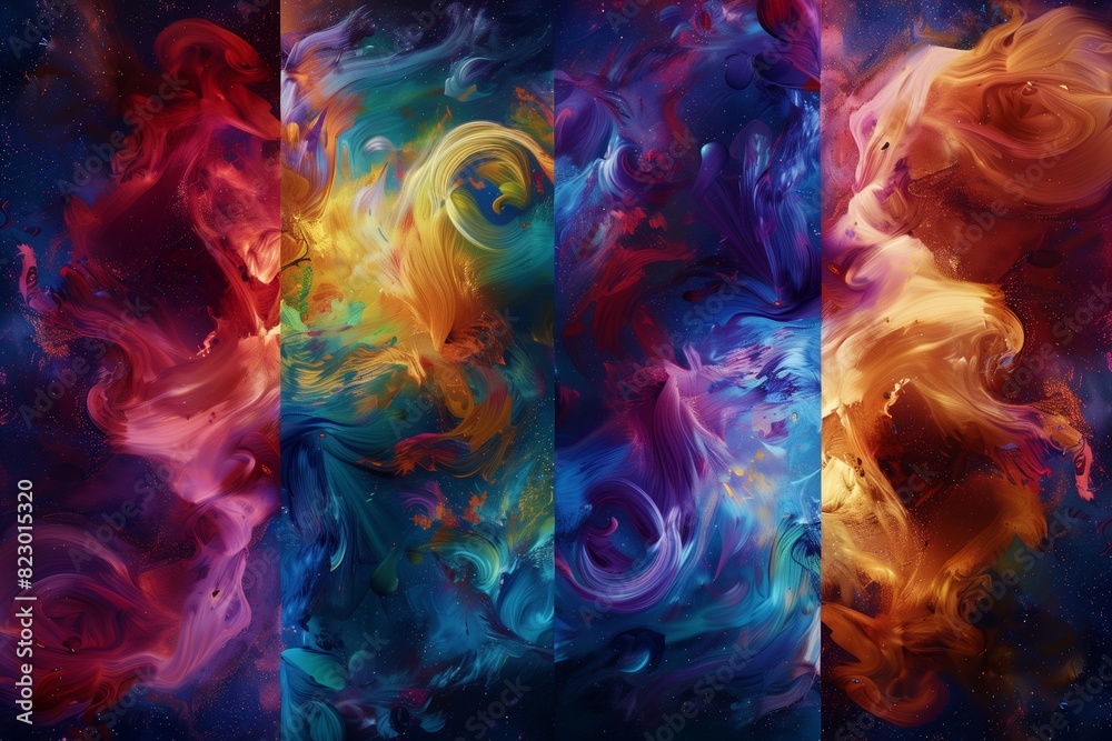 : A mesmerizing display of vibrant, swirling paint in four distinct sections, each floating in zero gravity, creating an abstract masterpiece with colors 