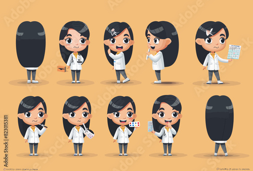a cartoon character set of a female doctor
