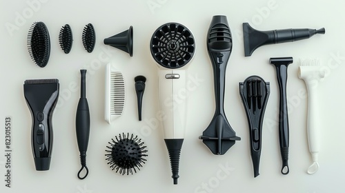 Hair dryer with a range of styling accessories, isolated white background, studio lighting highlighting attachments like concentrator nozzles and diffusers for advertising photo