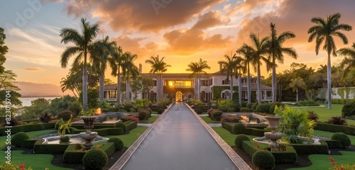 A grand colonial-style luxury villa with lush gardens, fountains, and a long driveway lined with palm trees, captured during the golden hour. 32k, full ultra hd, high resolution photo