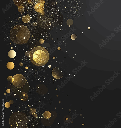 a black background with gold circles and stars