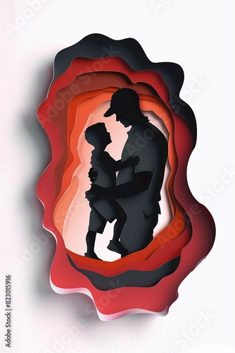 Vector and paper cut Father's Day card featuring a layered paper cut design of a dad figure holding a child on a white background photo