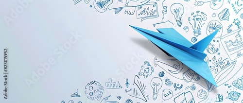 Blue Paper Airplane Flying Among Business Doodles Vector Illustration
