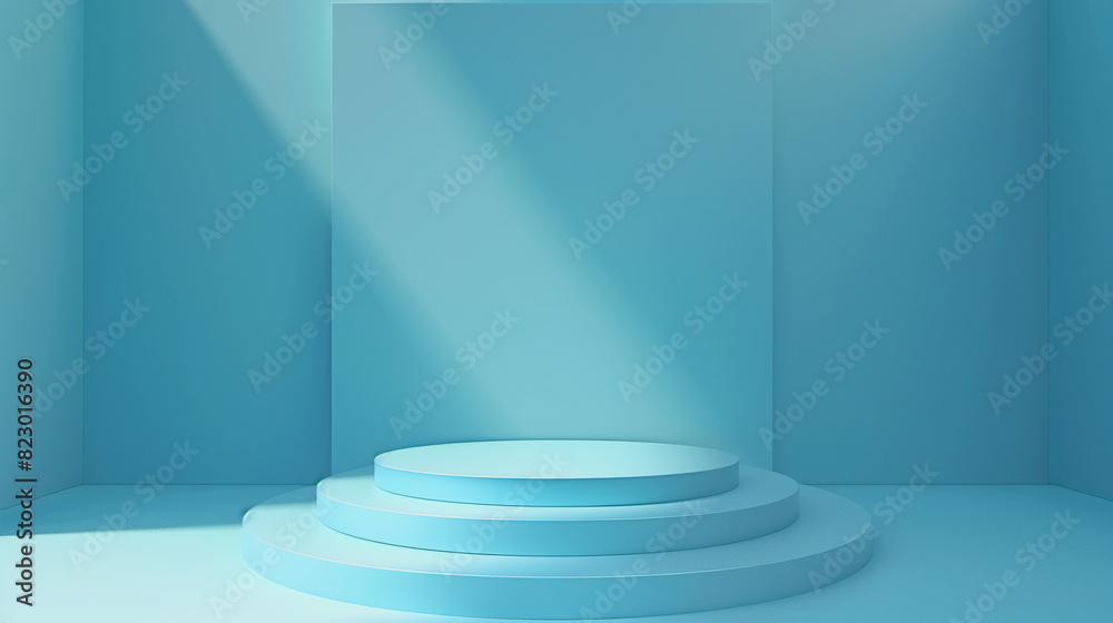 3D render of a podium in a studio setting against a solid blue background. The scene features smooth transitions and soft lighting to create a clean, elegant atmosphere.

